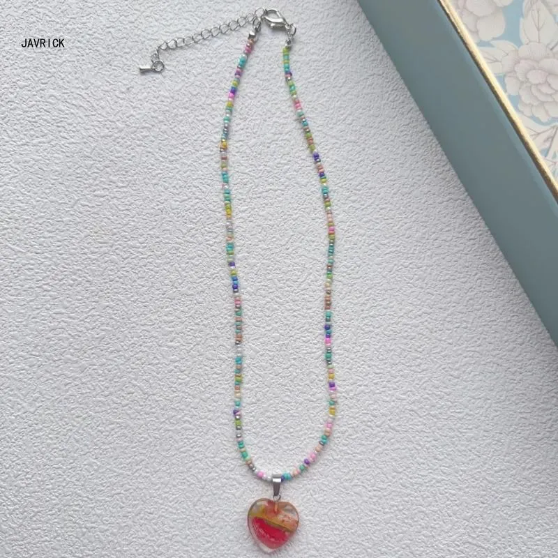 Beaded Heart Pendant Necklace Adjustable Colourful Choker Chain_voghion.com