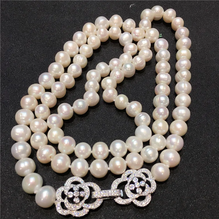 Chaînes Vendre 8-9mm 60cm Collier de perles d'eau douce naturelles blanches Longue chaîne de pull Bijoux de mode_voghion.com
