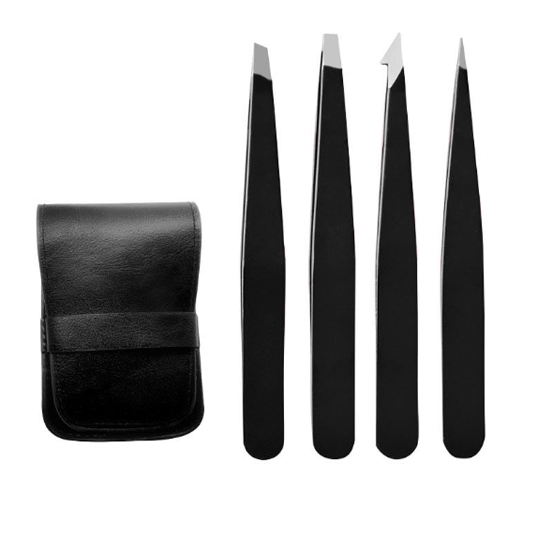 4pcs Fashion Brow Trimmer False Eyelash Clip Eyebrow Stainless Steel Tweezer with PU Bag Beauty Makeup Tools_viptrois.com