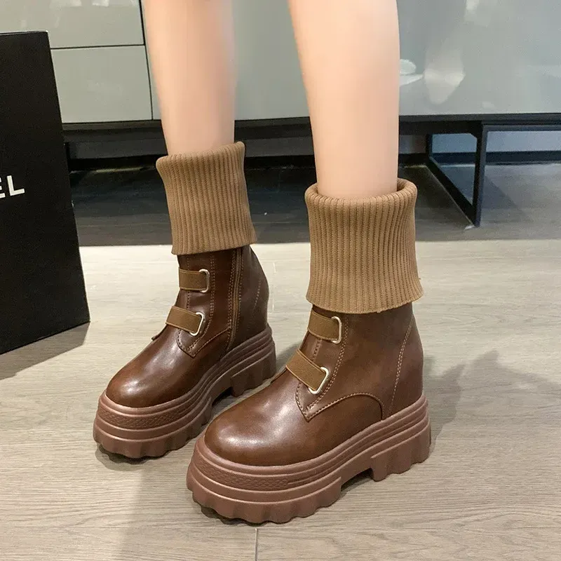 Platform Women Gothic Elastic Band Wedges Boots Frosted Leather Thick Sole Punk Internal Increated Short Botas Mujer_voghion.com