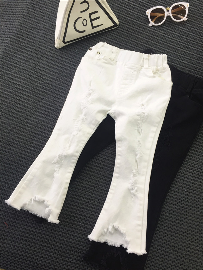 Mother & Kids Children's clothing girls black and white jeans spring new girls spring pants fashion ripped bell-bottom pants_voghion.com