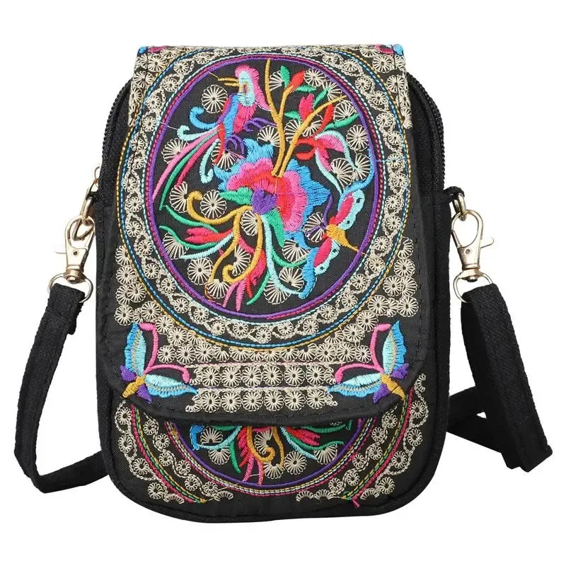 Pochette de voyage à bandoulière pour femme, sac à bandoulière vintage à fleurs avec fermeture éclair et broderie pour téléphone portable, petit sac à main_voghion.com