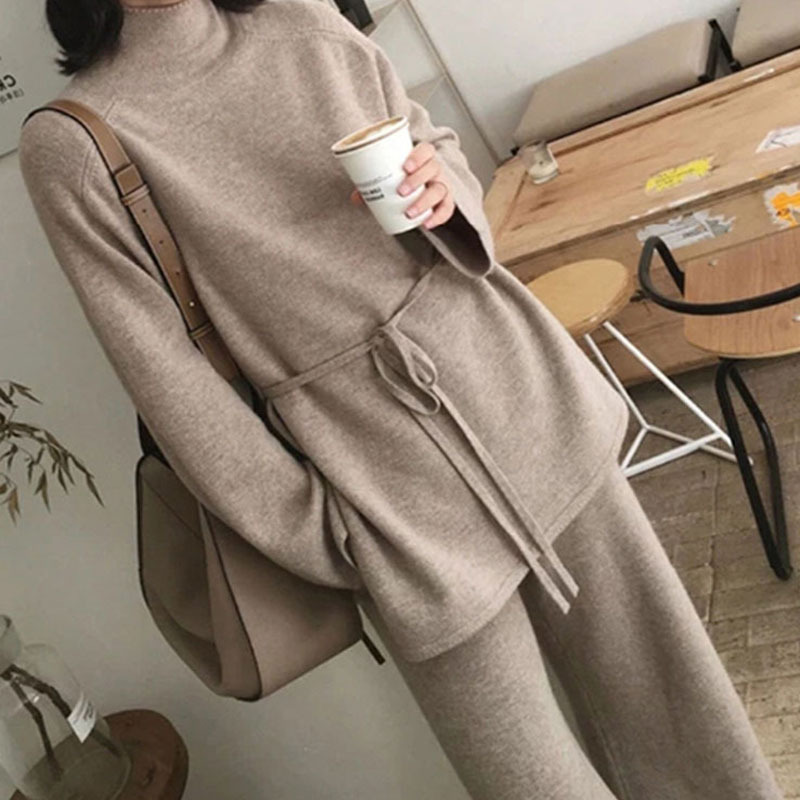 Elegantes Damen Strick Zweiteiler Mit Weitem Bein Und Oberteil_voghion.com