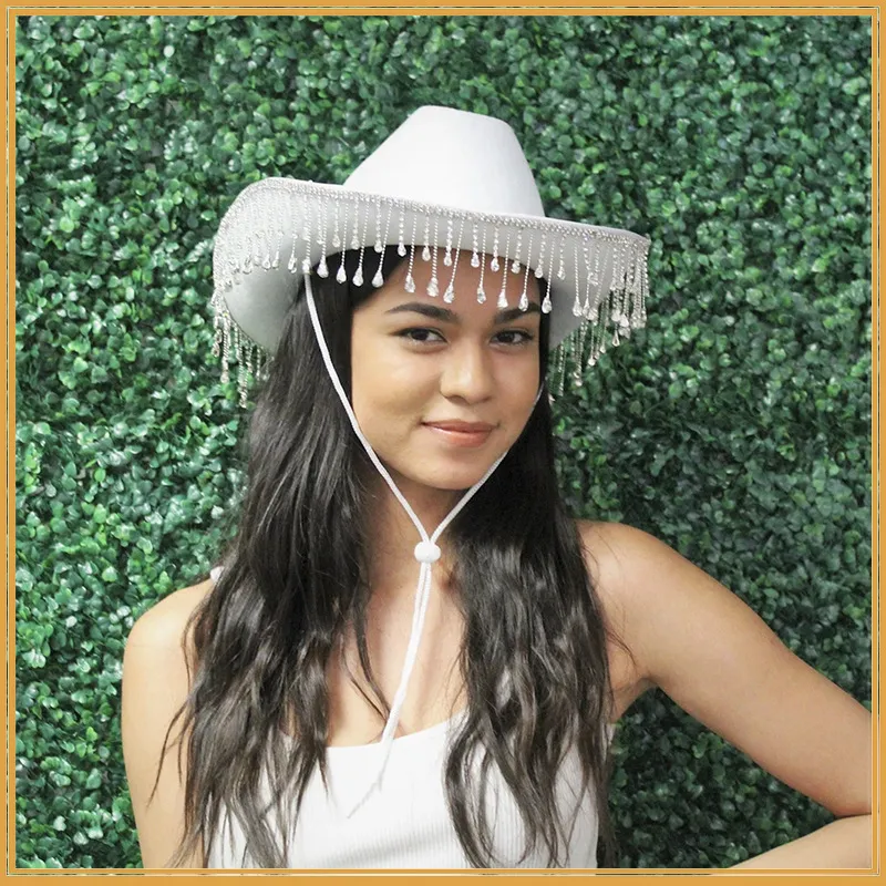 Chapeaux à large bord blanc Dia Fringe Bride Cowgirl Hat Mme Cowboy Bridesmaid Gift Bridal Summer Country Western HatWide_voghion.com