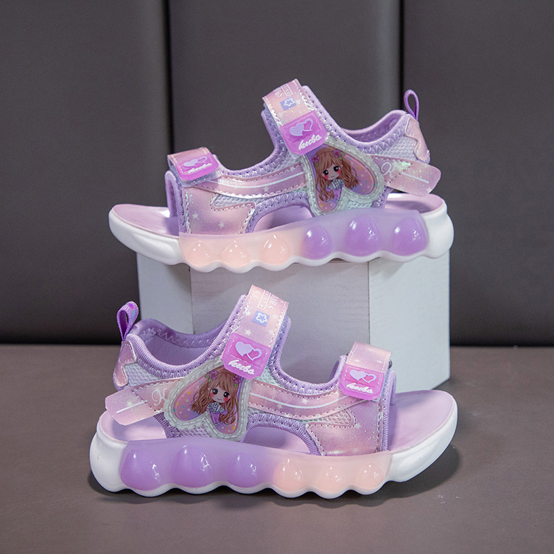 2024 Sandali da ragazza primaverili in pelle artificiale da spiaggia con velcro in gomma rosa viola stile principessa scarpe per bambini dei cartoni animati_voghion.com