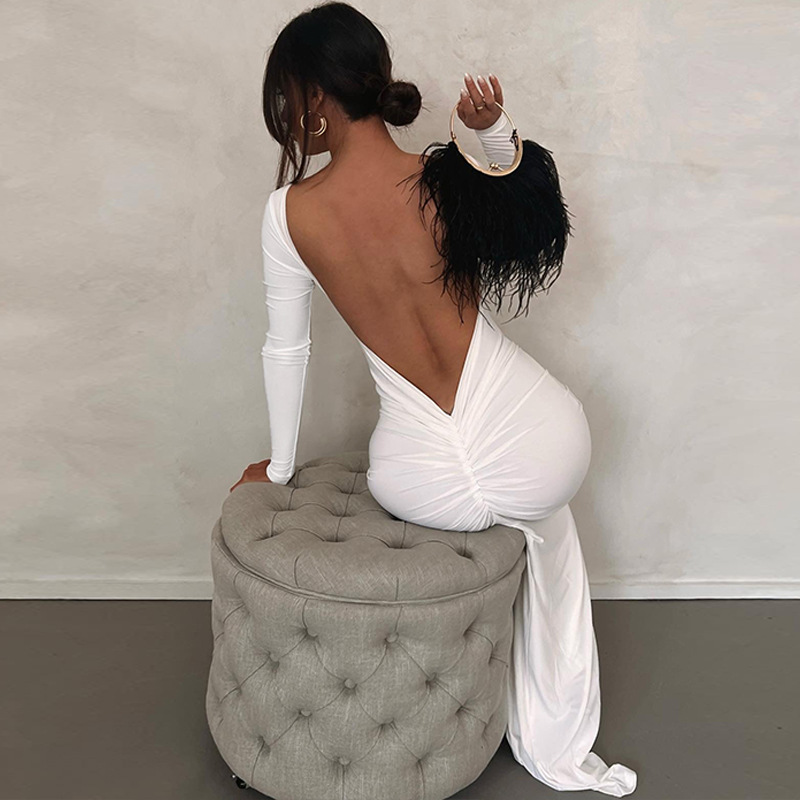 Hot selling new solid color sexy open back pleated long style elegant slim fitting dress