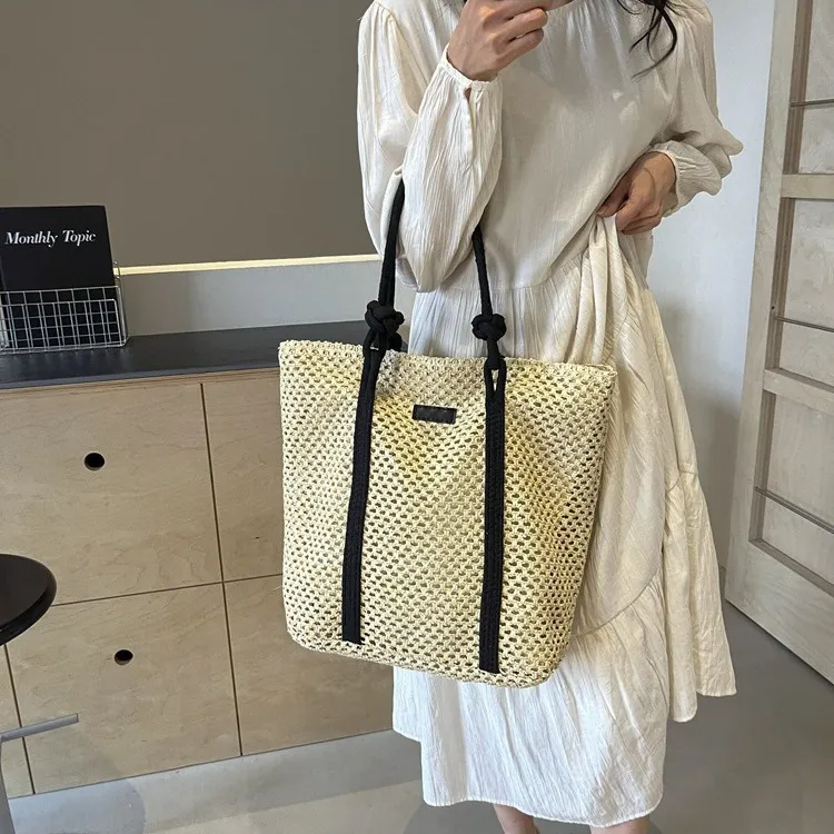 2025 Spring Summer New Arrival - Boho Chic Oversized Straw Tote Bag W/Shoulder Strap Free Shipping Lattice-Design Work &_voghion.com