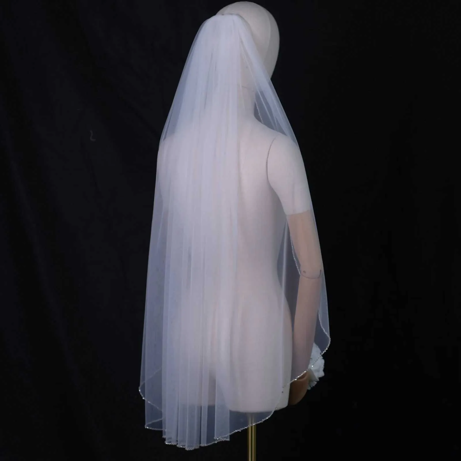 Gioielli per capelli, veli da sposa con perline di cristallo, velo da sposa a 1 strato, bordatura in perle di strass, morbido tulle con pettine a cattedrale_voghion.com