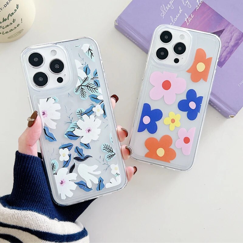 Blommigt genomskinligt telefonskal för iPhone 15 14 Plus 13 12 11 Pro Max stötsäkert silikon mjukt TPU bakstycke_voghion.com