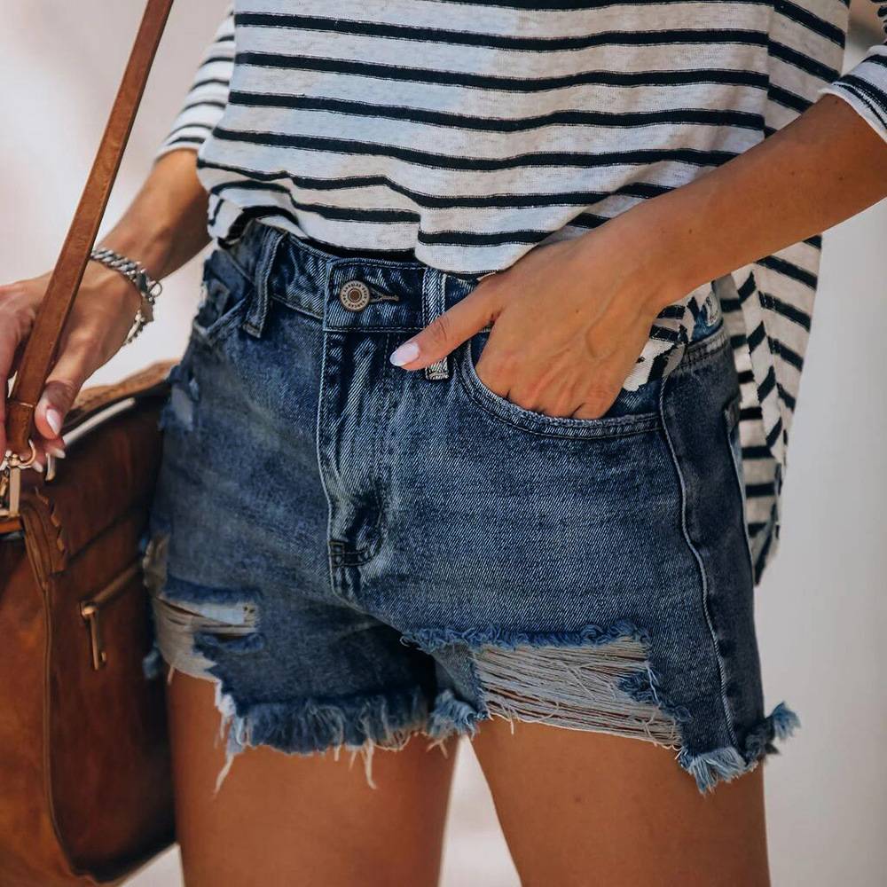 Women’s Clothing Perforated High Elastic Denim Shorts Jeans Casual Denim