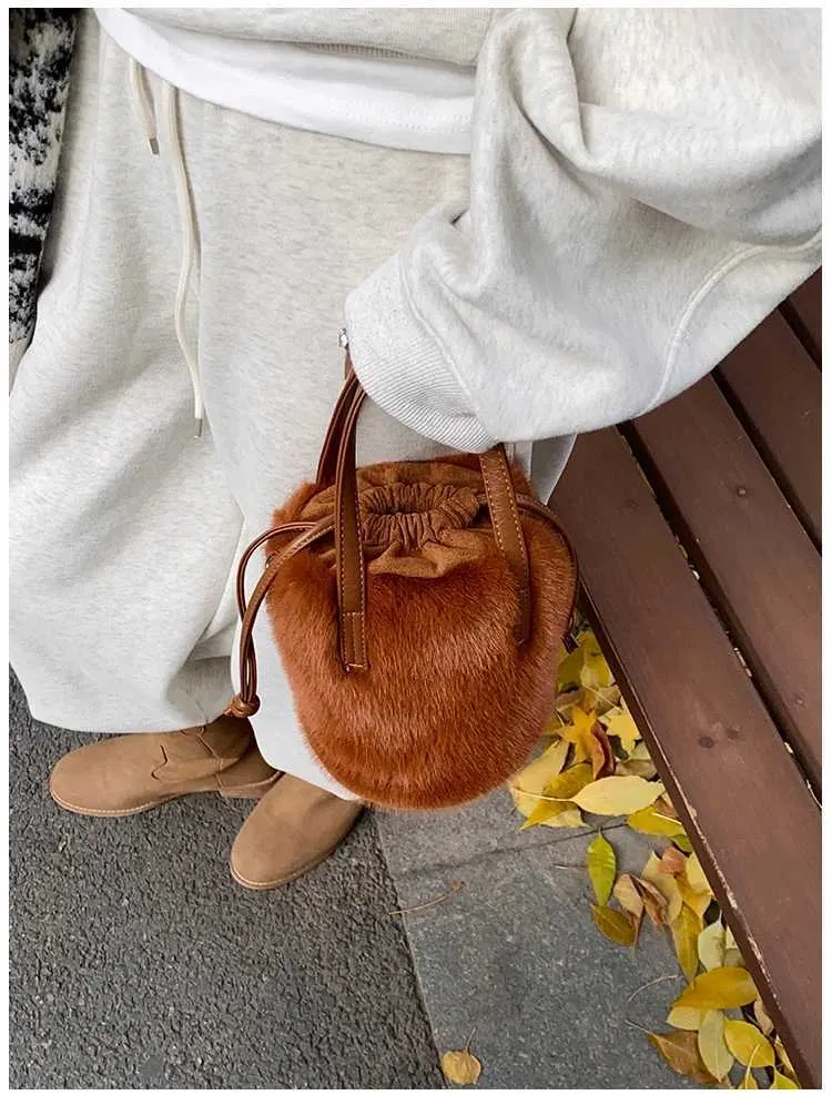 Borsa a secchiello in peluche retro donna borsa a tracolla_voghion.com