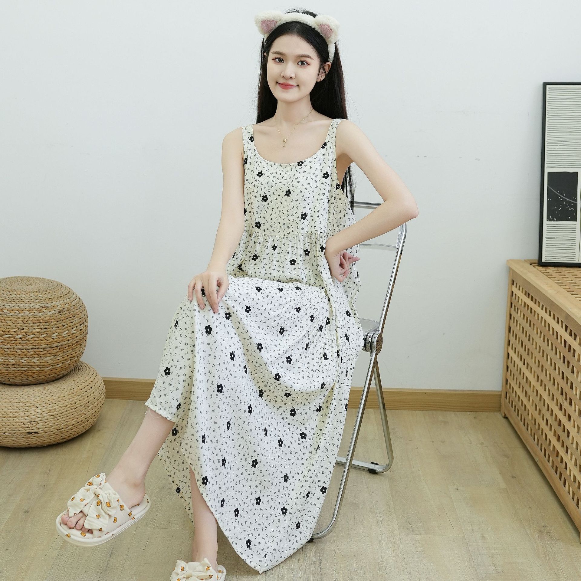 Pigiami da donna Pigiama stampato da donna Halter, abito lungo floreale da donna, da indossare per la casa_voghion.com