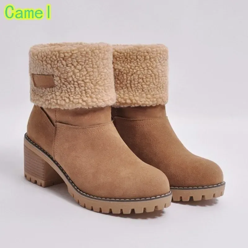 Autumn and Winter Fashion New Casual Comfortable Plus Veet Warm Square Heel Round Toe Solid Color Women's Ankle_voghion.com