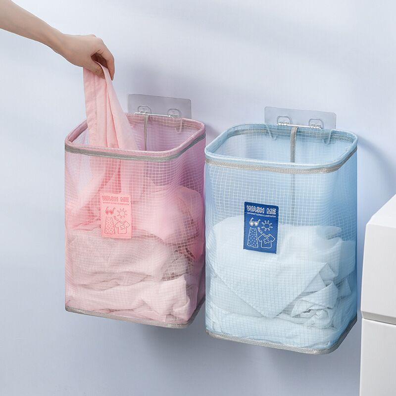 Wall-Mounted Laundry Basket Mesh Bag Foldiable Laundry Basket Adhesiv Dirty Clothes Storage Bag Children Toy Storage Bucket_voghion.com