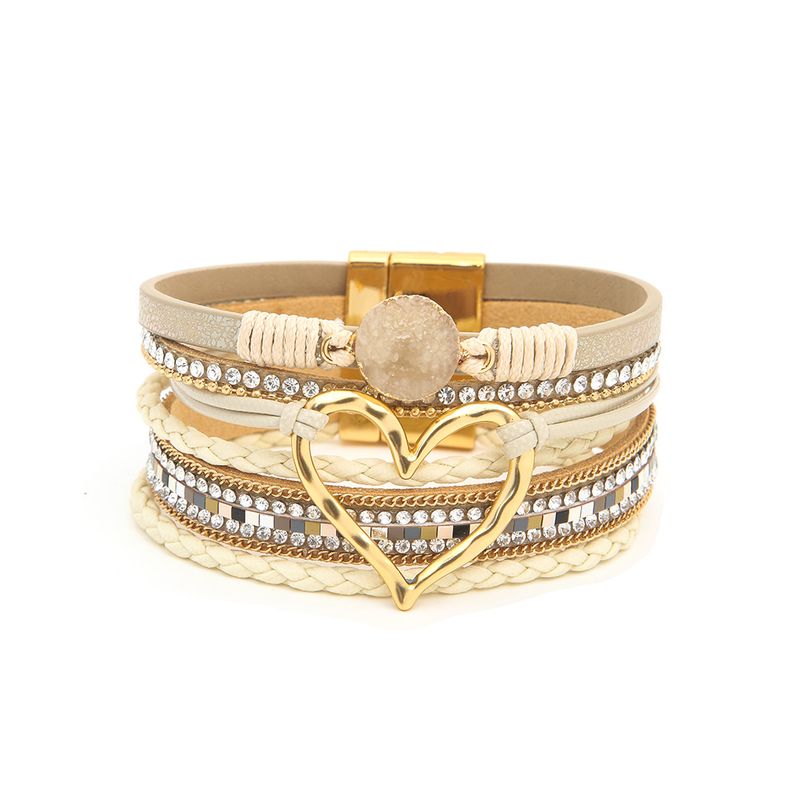 Bohemian Multi-layer Leather Handwoven Gold Big Love Ladies Bracelet_voghion.com