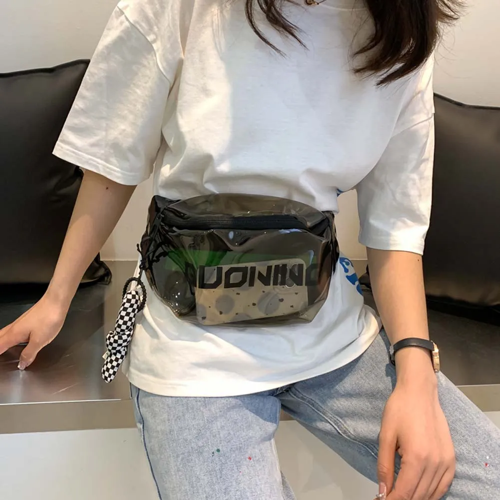 Fashion Fanny Packs Unisex Clear PVC Waist Pouch Multi-functional Letter Printed With Pendant Adjustable Buckle Strap_voghion.com