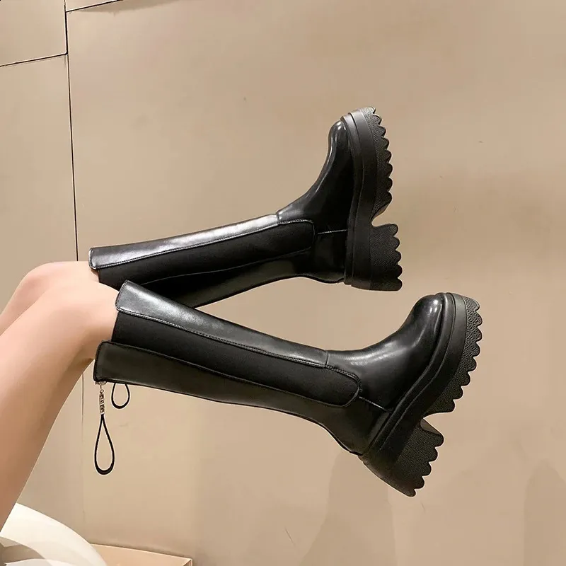 Platform Knee-high Boots For Women Leather Winter Motorcycle Style_voghion.com