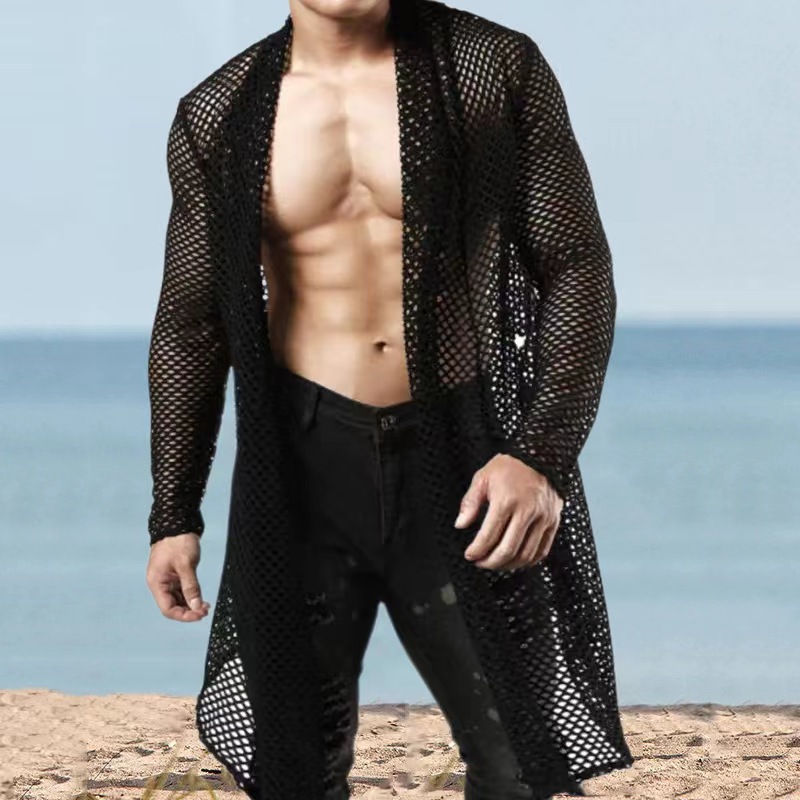 Herren-Übergröße, Schalkragen, Cut-Out, lange Strickjacke, Netzstoff, durchsichtig, Langarmshirt_voghion.com