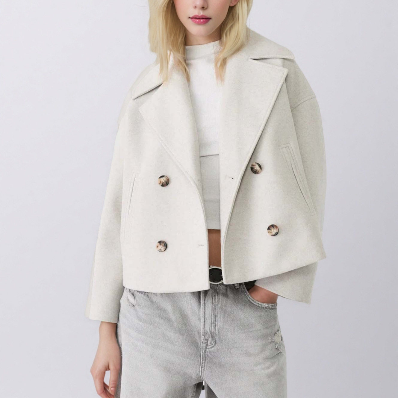 Women's Double-Breasted Wool Blend Pea Coat, Fall Trench Jacket With Notch Lapel & Button Detail, Elegant Loose Fit Short Blazer For Office Outings