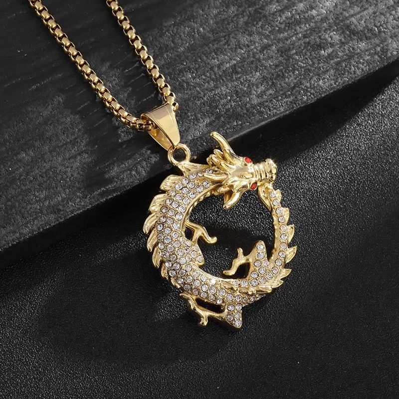 Collana con ciondolo drago cinese vintage Hip Hop in acciaio inossidabile 316L placcato oro vero_voghion.com