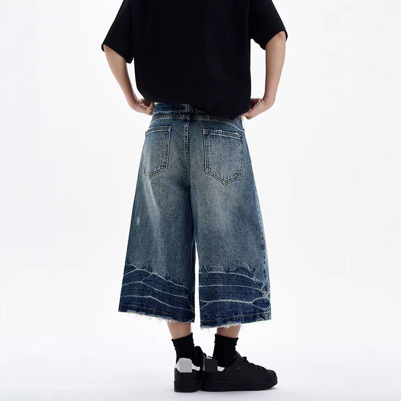 Pantalon Capri rétro délavé et usé pour homme, unisexe, cordon de serrage, coupe ample, respirant, décontracté, short tendance_voghion.com