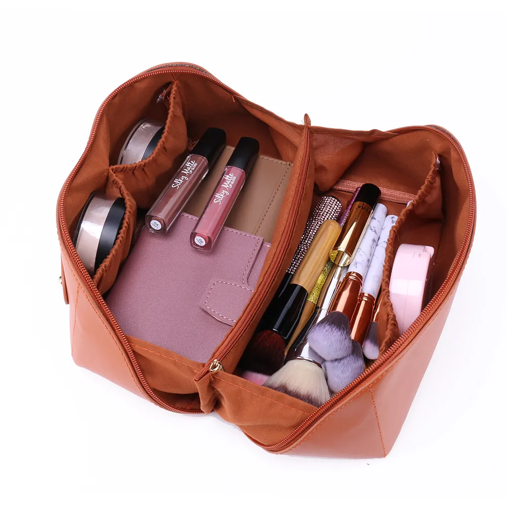 Trousse de maquillage en cuir pour femmes, grande capacité, organiseur de rangement pour pinceaux, idéal pour les voyages._voghion.com