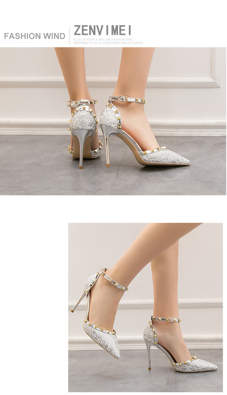 9288-20 Sexy Abnehmen Stiletto Nachtclub Damen Schuhe High Heels Flach Spitzschuh Hohl Niet Strap Sandalen_voghion.com