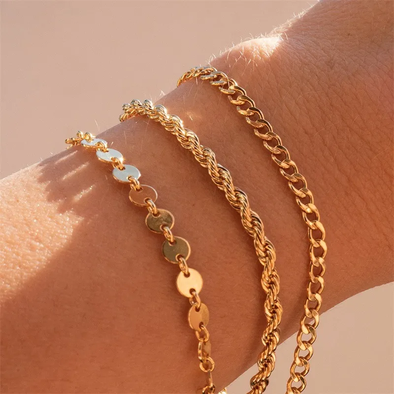 Brățară placată cu aur autentic, lanț cubanez de 5 mm, frânghie de 3 mm, unică, subțire, cu microfigaro, lanț de grâu, din oțel inoxidabil, streetwear_voghion.com