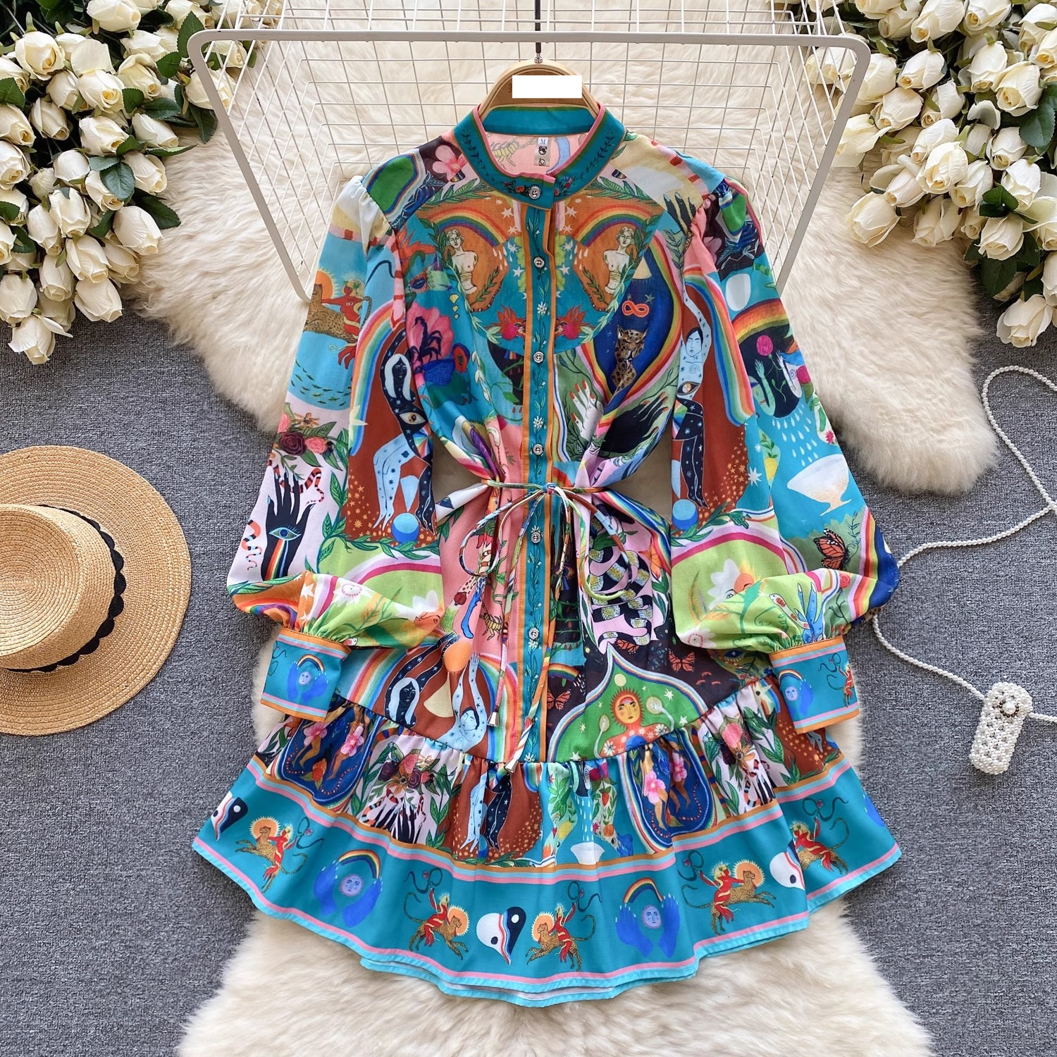 Women's Clothing Niche high end elegant printed short skirt women's French light luxury temperament stand up collar lantern sleeve loose waist dress