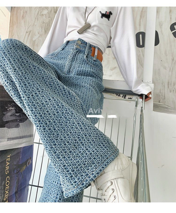 Pustende rette jeans for kvinner, nye høylivede, slanke, avslappede, vevde gulvlange, vide ben, lange bukser_voghion.com