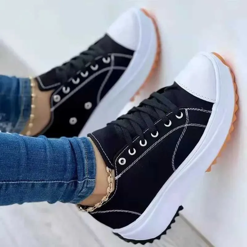 Speedy 2025 Klassische weiße Canvas-Sneaker für Damen, solide Schnürschuhe, lässige Plateauschuhe für DamenL464_voghion.com