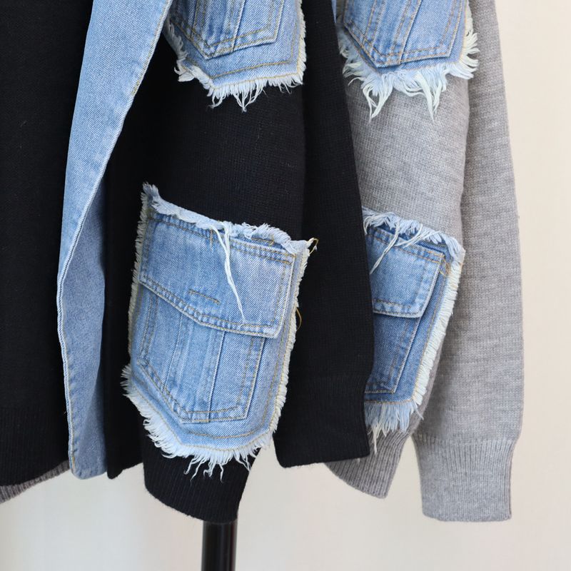 Women's Clothing new denim splicing sweater jacket design loose casual versatile knitted cardigan trend_voghion.com