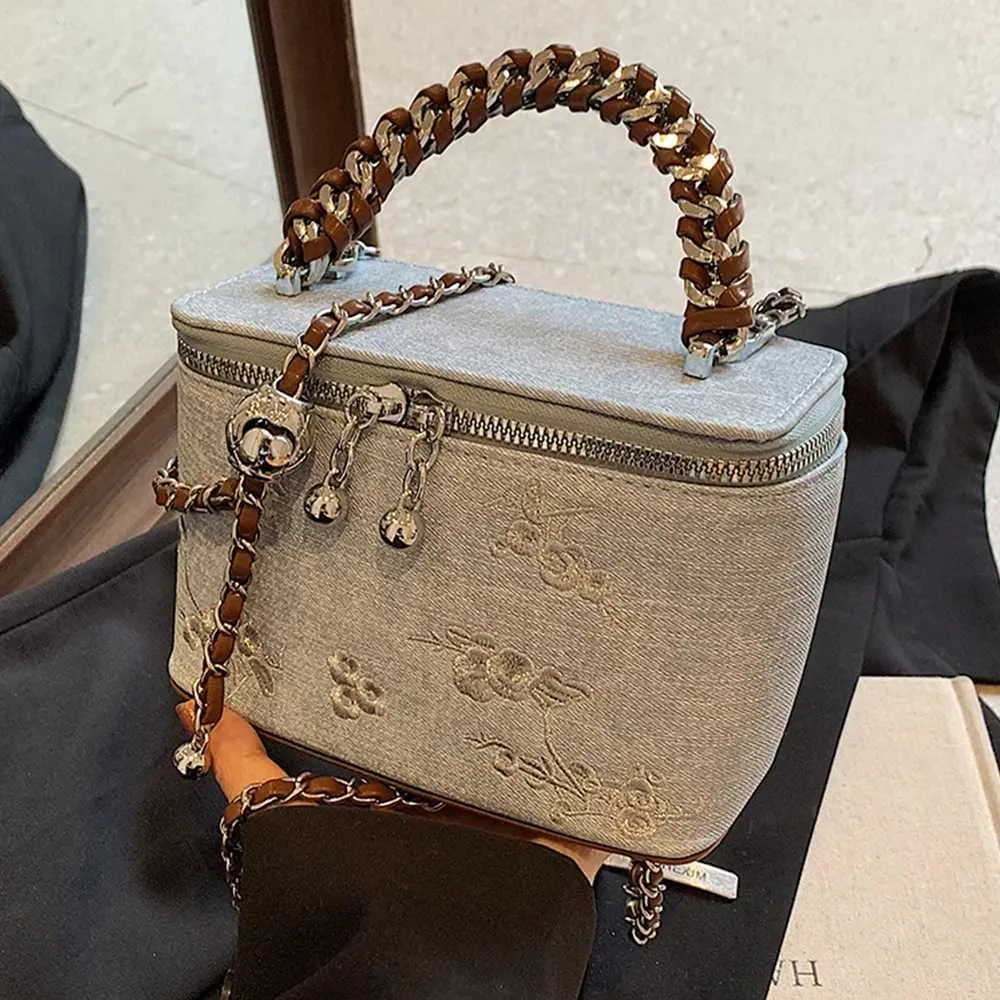 Dammode Denimväskor Broderi Ral Tryck Flap Box Patch Pu Handtag Väska Kvinnlig Mångsidig Pendlingskedja Axelväska_voghion.com