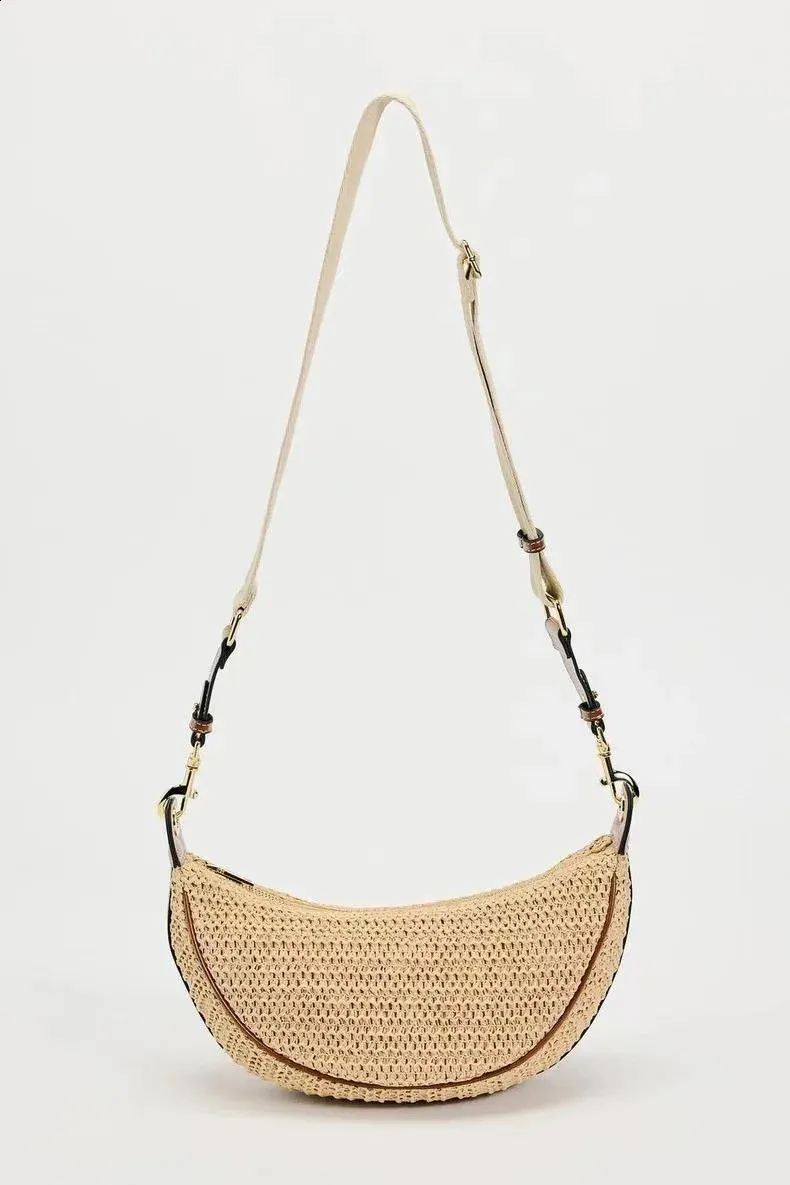 Borsa a tracolla da viaggio a mezza luna in paglia intrecciata alla moda per donna, borsa a tracolla fatta a mano 240907_voghion.com