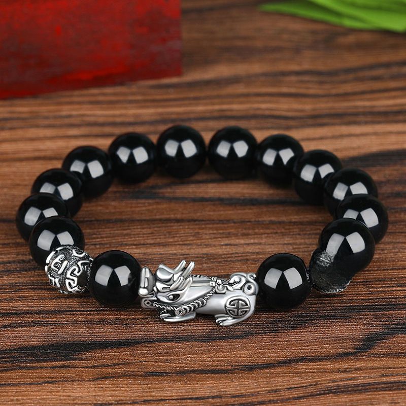 Sterg 3D Hard Retro Men's Domineering Thai Brave Fortune Ancient Sier Obsidian Beads Bracelet_voghion.com