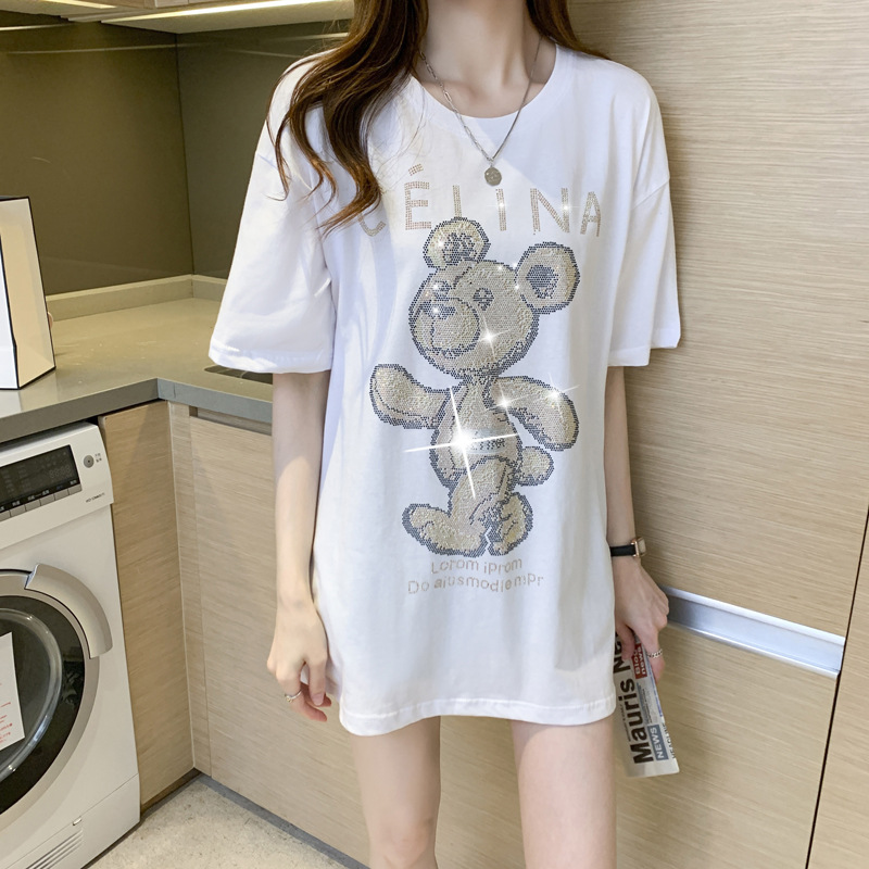T-shirt estiva a maniche corte nera Bear Hot Diamond da donna in cotone pettinato, versione ampia di media lunghezza_voghion.com