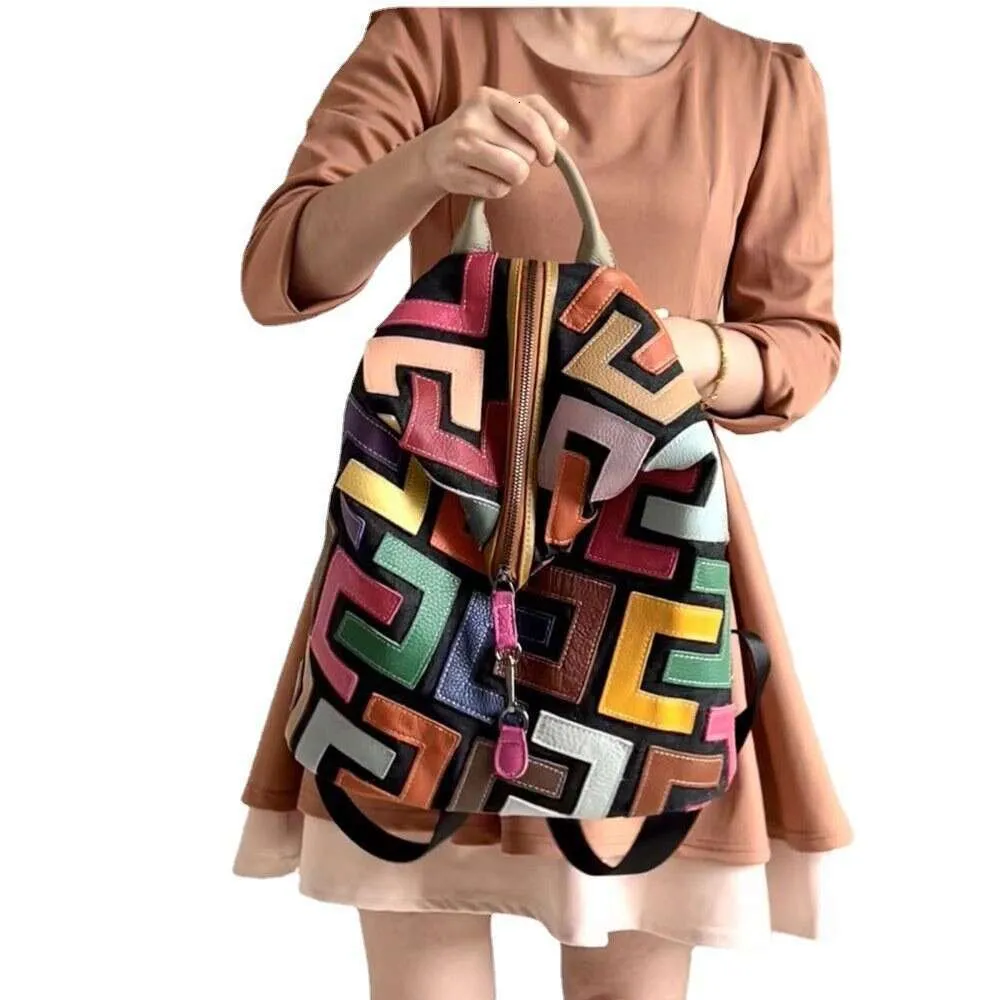 Vintage Lederrucksack Für Damen Bunter Patchwork Reise Rucksack_voghion.com