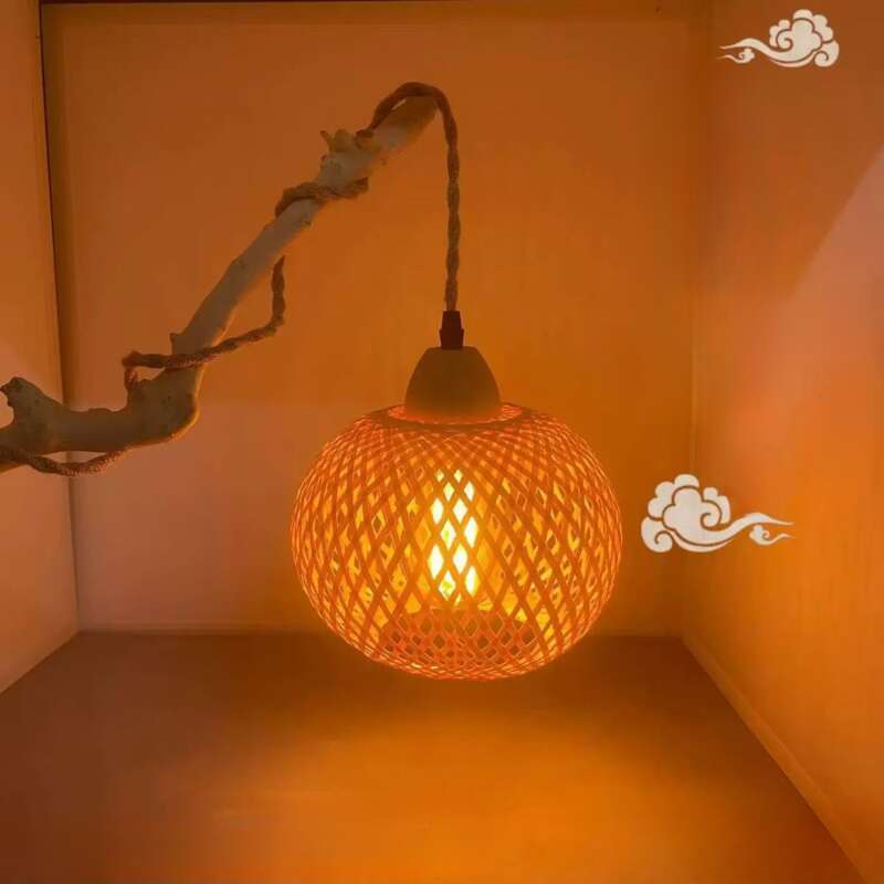 rope Pendant Dimming Knob Switch Power Root Carving Tree Branch Hanging Light Cord Bamboo Woven Lampshade_voghion.com