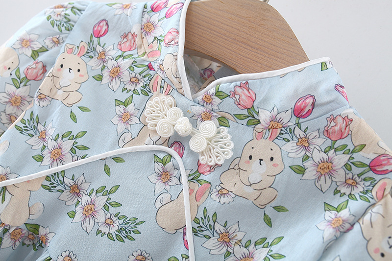Autumn Baby Girl Dress Rabbit Print Long Sleeved Dress With Rabbit Ears Chinese Qipao Style Children's Clothing_voghion.com