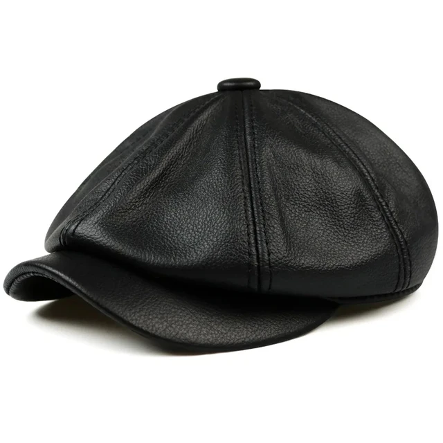 Sombreros de moda para hombre, invierno 2024, 100% cuero genuino, cálidos, boina de pintor, boina octogonal de piel de vaca, ropa de calle de alta calidad._voghion.com