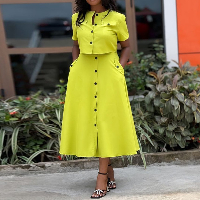 Women's new temperament round neck short-sleeved top high waist button-down skirt suit