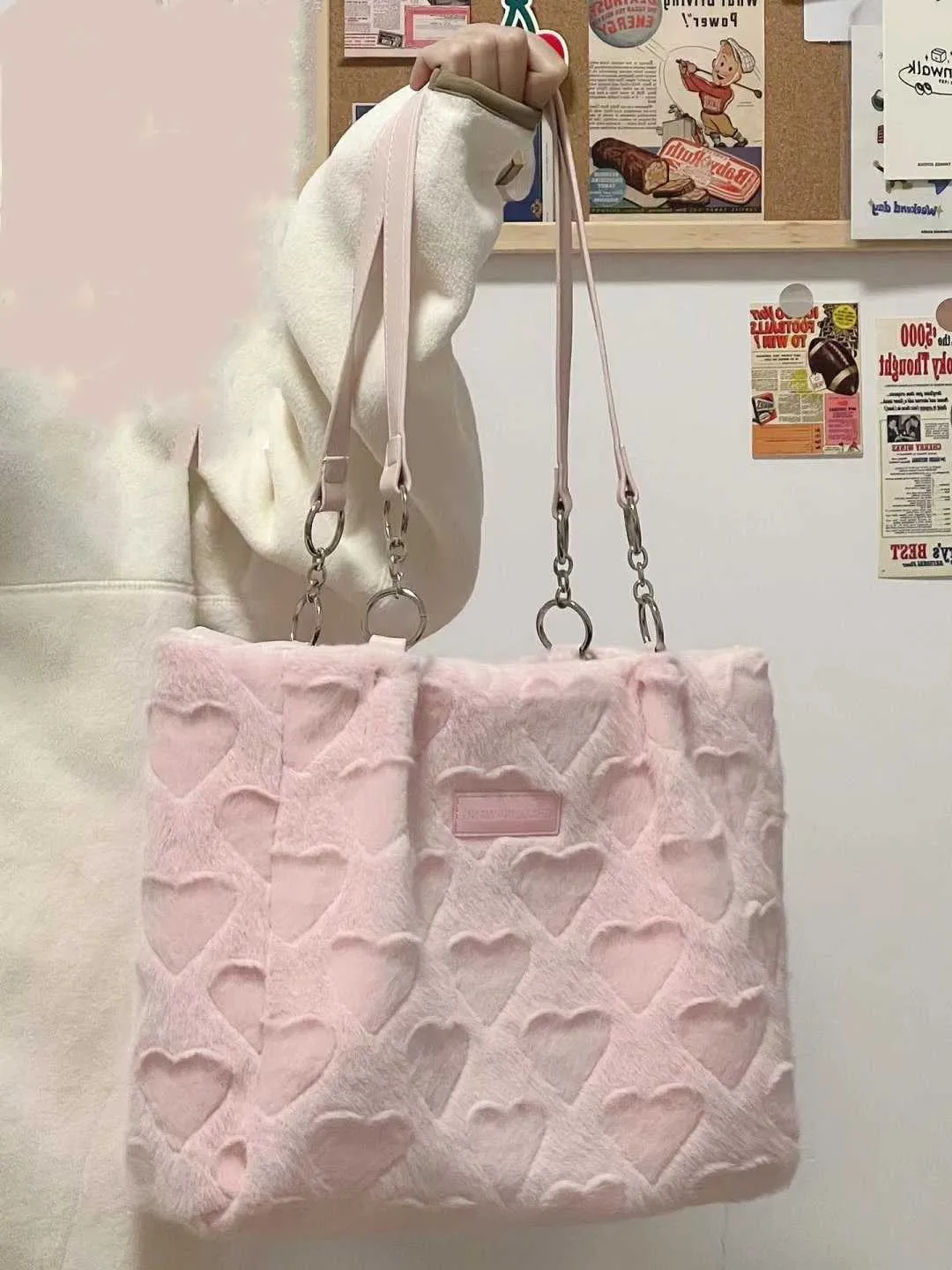Cute fur casual caring lady sweet shoulder bag solid color womens plush handbag Y241025_voghion.com