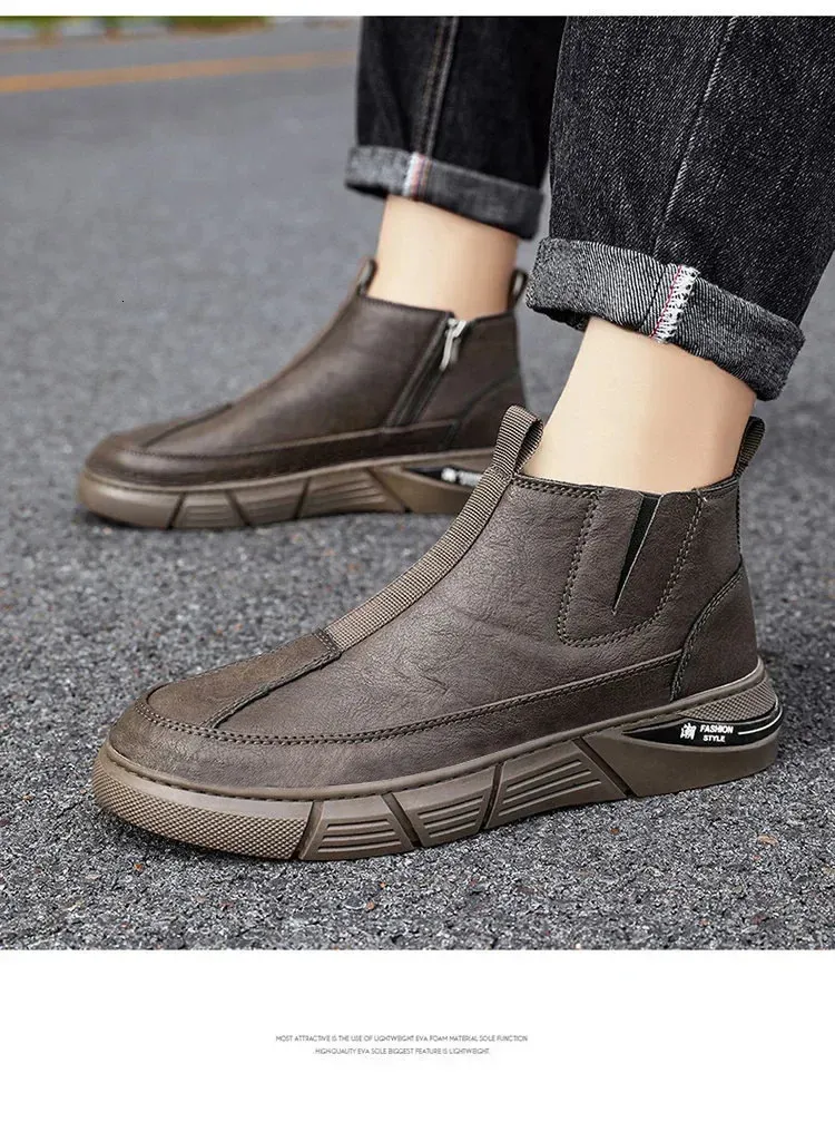 Tendance mode printemps bottes de travail anglaises haut de gamme chaussures décontractées mi-mollet polyvalentes pour hommes matériau PU imperméable 240629_voghion.com