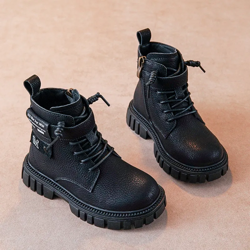 Botas Happysteps de cuero estilo motociclista con correa al tobillo para niños grandes, para montar a caballo, senderismo, otoño e invierno, talla grande_voghion.com