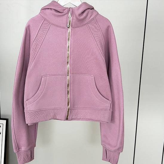 Damen-Scuba-Hoodie mit Fleecefutter und goldenem Reißverschluss – Gemütliche Oversize-Yogajacke für den Winter (Weiß, Rosé, Kastanienbraun)_voghion.com