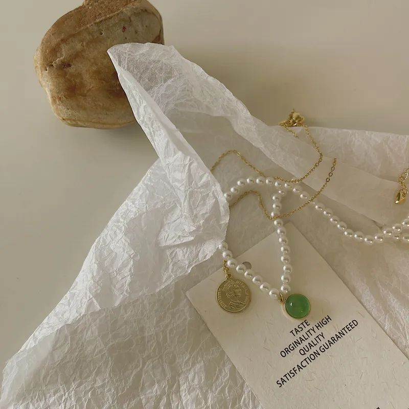 Hängshalsband 2 st/set Guldfärgad Pärla Mynt Grön Opal Halsband För Kvinnor Gotisk Kedja Dubbelskiktad Boho Halsband_voghion.com