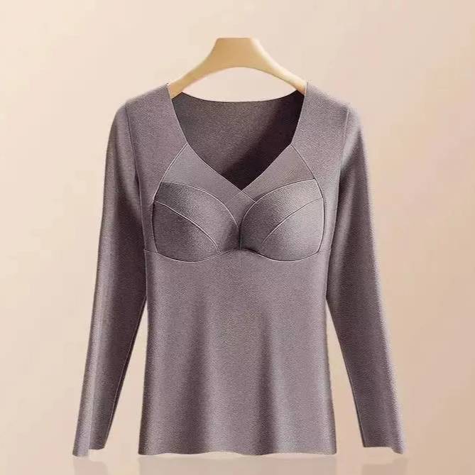 ​Thermal Underwear For Women With Built-in Bra - Fleece Lined, Seamless, V-Neck, Slim Fit, Long Sleeve Winter Base Layer_voghion.com
