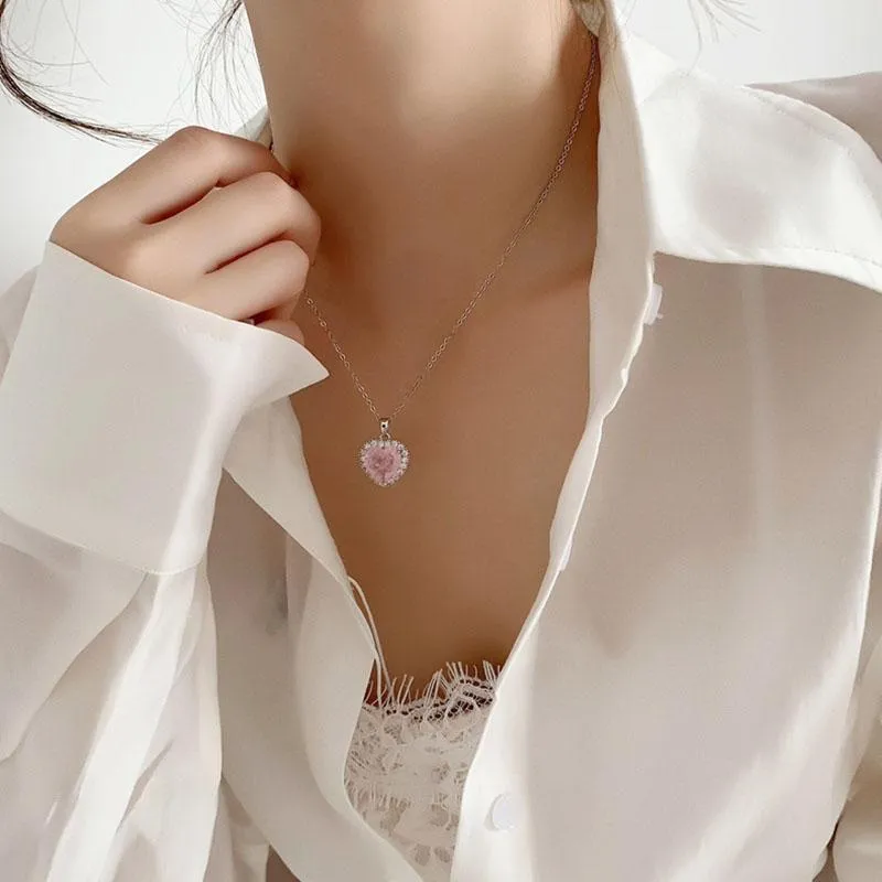 Collares colgantes de moda coreana con circonita rosa para mujer, gargantilla de cadena de clavícula dulce, joyería vintage Kpop_voghion.com