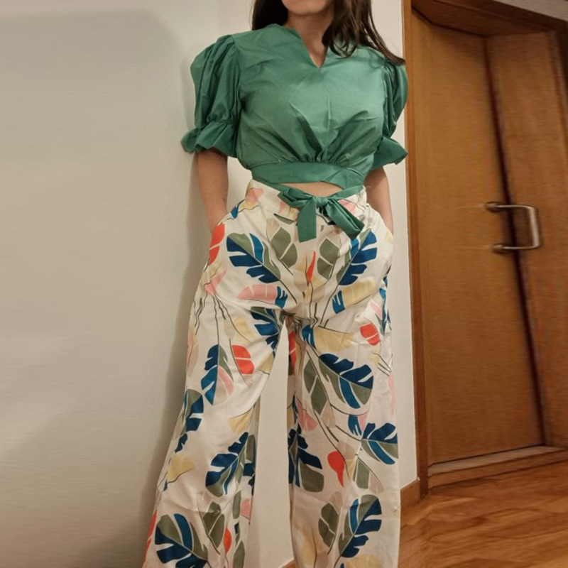 Zweiteiliges Set mit Oberteil und weitem Bein für Damen mit Temperament und Puffärmeln_voghion.com