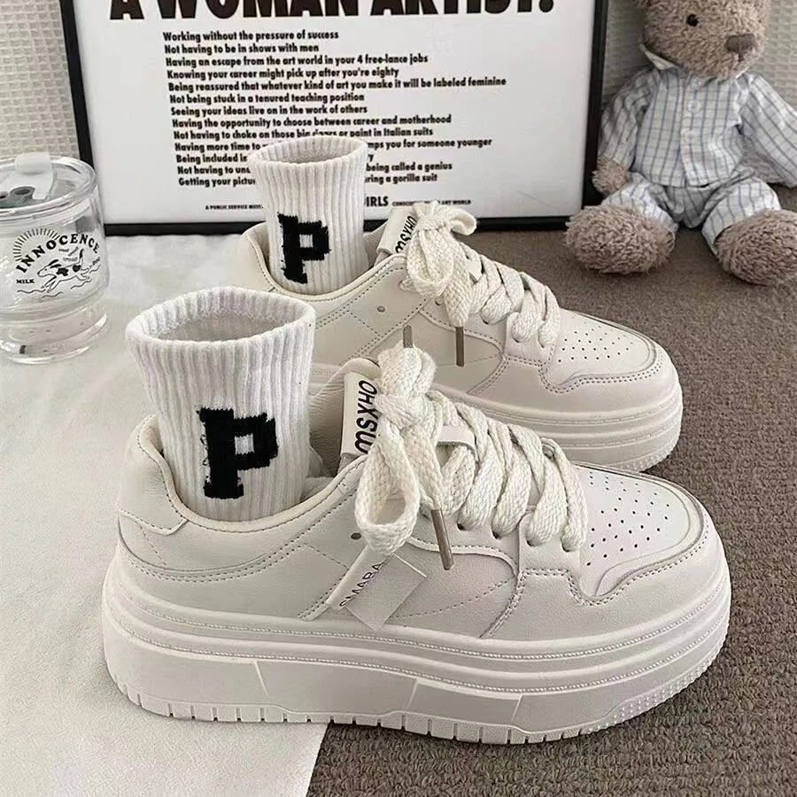 Zapatos blancos de suela gruesa para mujer, 2024, versátiles, de tiro alto, informales, para estudiantes, LHShoe_voghion.com